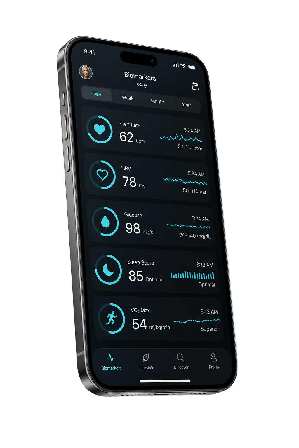 ISVA app showing health biomarkers
